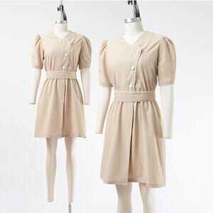 Vintage 70s Tan Puff Sleeve Cotton Blend A-line Cinch Waist Belted Mini Dress M